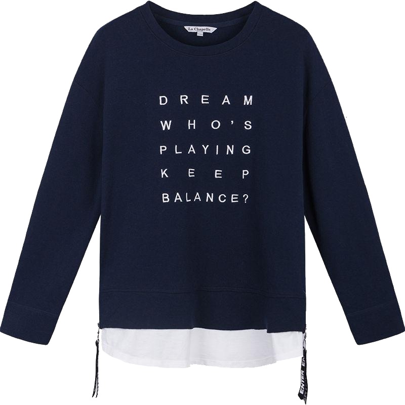 拉夏贝尔上衣秋装新显瘦假两件宽松显瘦套头长袖卫衣女10013829