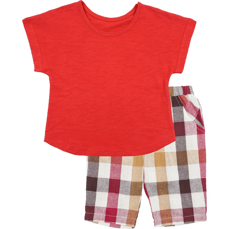 男童夏季纯色上衣格子裤韩版套装两件套