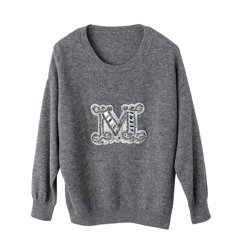 雪米贝奴重工字母钉珠珠片点缀 亲肤舒适羊毛衫长袖针织套头毛衣女秋冬圆领