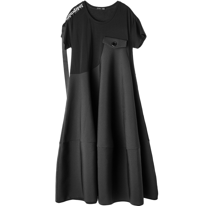 sdeer圣迪奥酷黑肌理感拼接飘带装饰圆领连衣裙