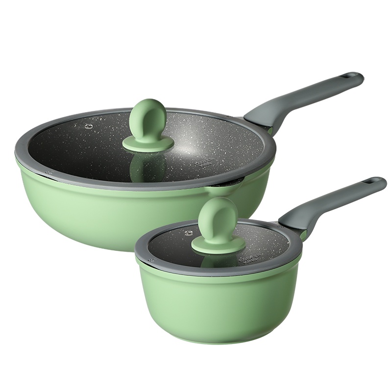 炊大皇(COOKER KING)竹青石锅具套装炒锅奶锅家用不粘锅炒菜锅辅食锅燃气灶明火电磁炉通用