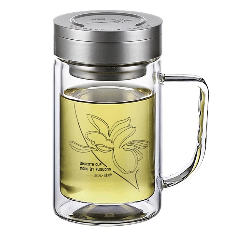 富光(FGA)玻璃杯双层便携水杯男女大容量家用泡茶杯子透明带盖过滤茶杯