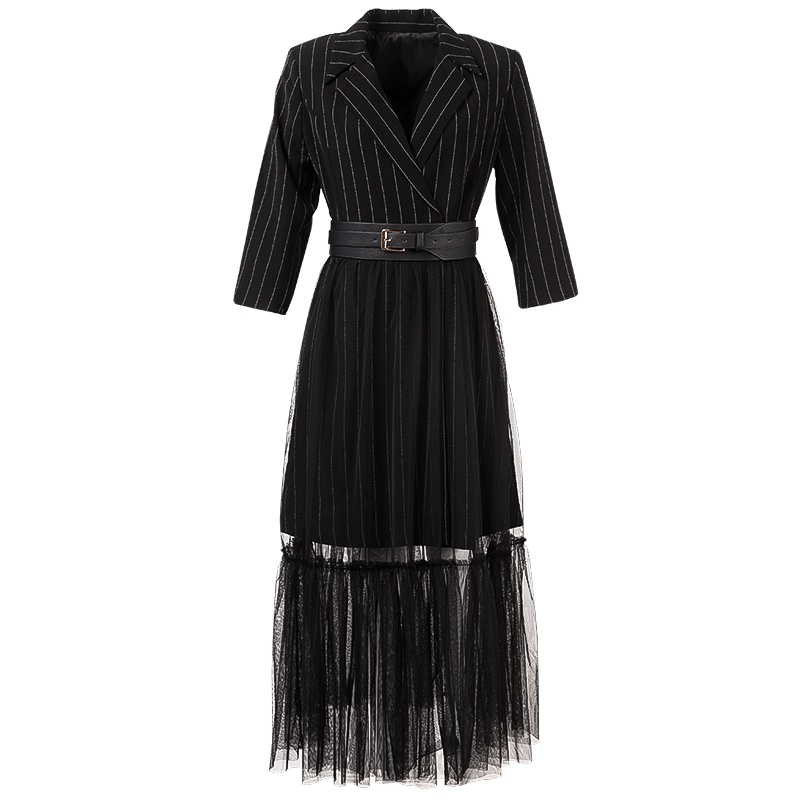 晩白 新品假两件西装裙职业裙条纹收腰显瘦中长款连衣裙女