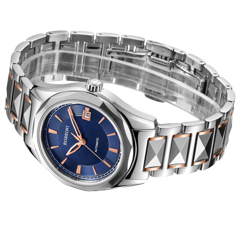 罗西尼(ROSSINI)手表时尚腕表高档大气质感日历镶钻防水自动机械表男士女士情侣手表 原色蓝盘钢带男表6443W05B