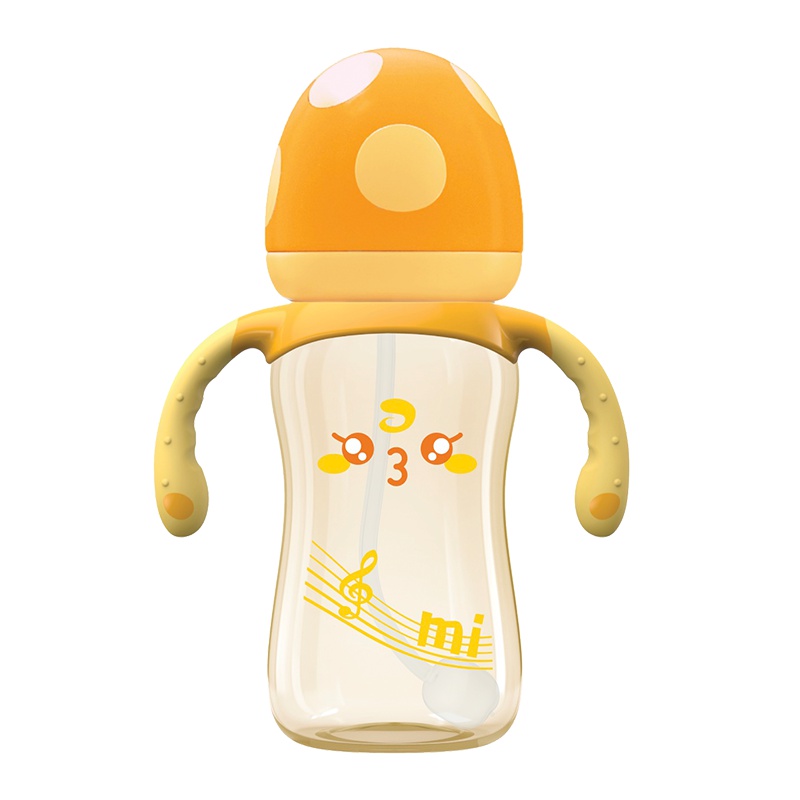 bobo乐儿宝蘑菇奶瓶 宽口径ppsu耐摔带手柄吸管 防胀气小金瓶 适合9个月以上 260ML 橙色 BP1705YO