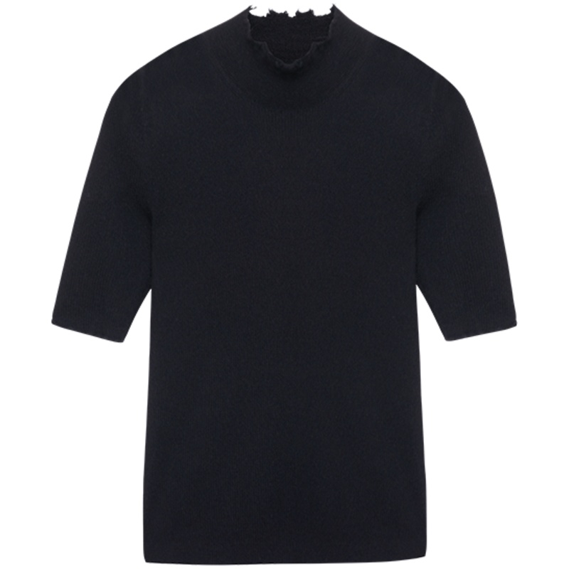 鄂尔多斯ERDOS 20春夏精纺半高领抽条半袖轻薄女羊绒衫针织衫收腰显瘦