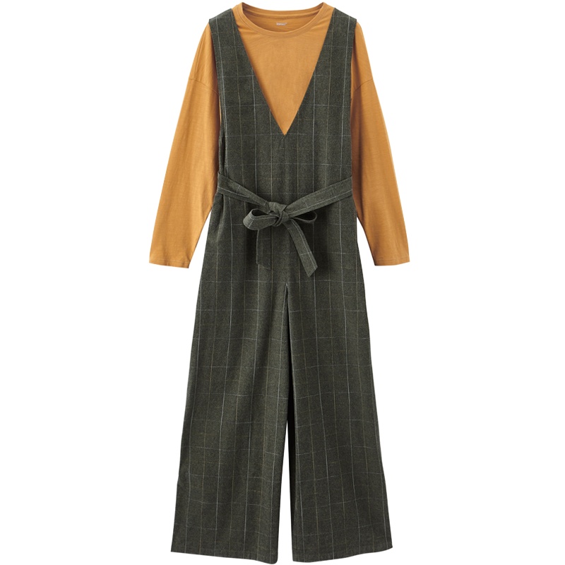 茵曼套装2019秋装新款圆领T恤配格纹连体裤显瘦洋气时尚两件套女