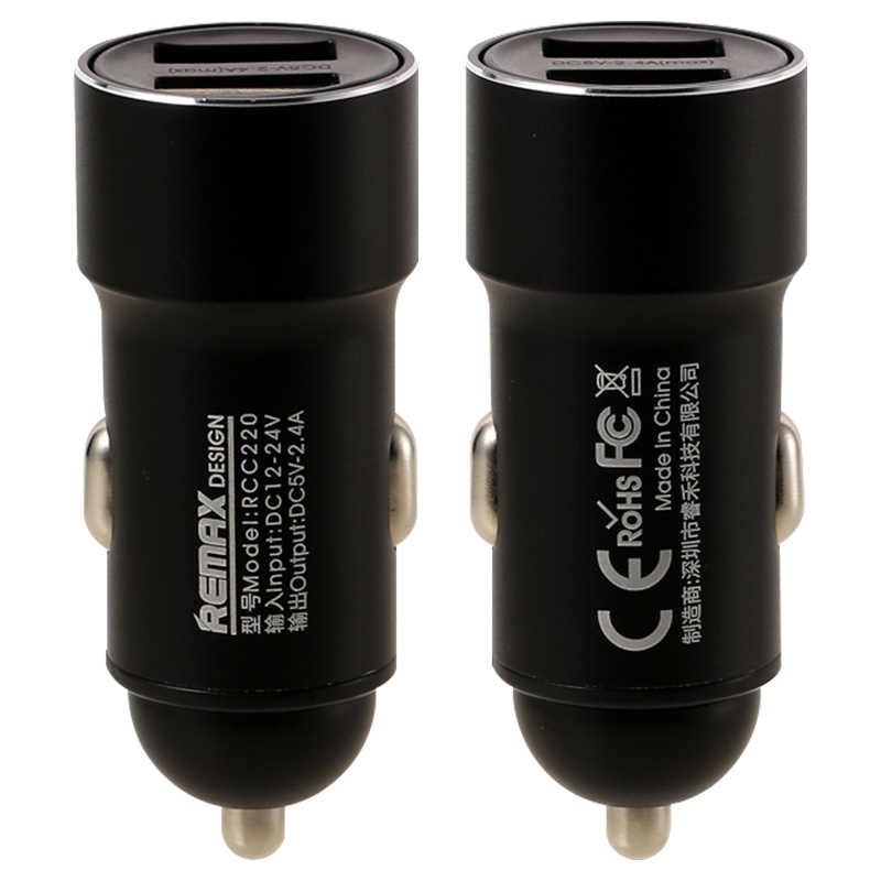 REMAX 睿畅金属双USB车载充电器 2.4A智能输出车充 黑色 支持快充 兼容华为小米 iPhone手机充电