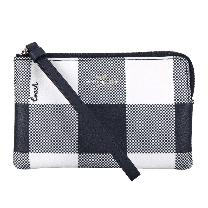 COACH 蔻驰 奢侈品 欧美时尚蓝色格子皮质人造革短款手拿包横款零钱包