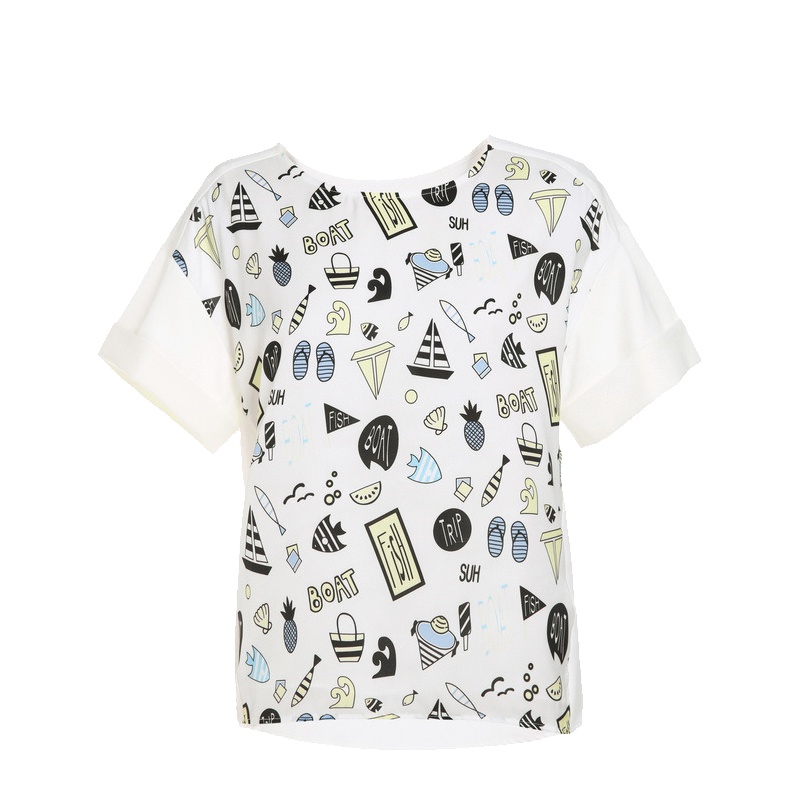 秋水伊人夏新款女装印花短袖宽松雪纺上衣T恤女FR264