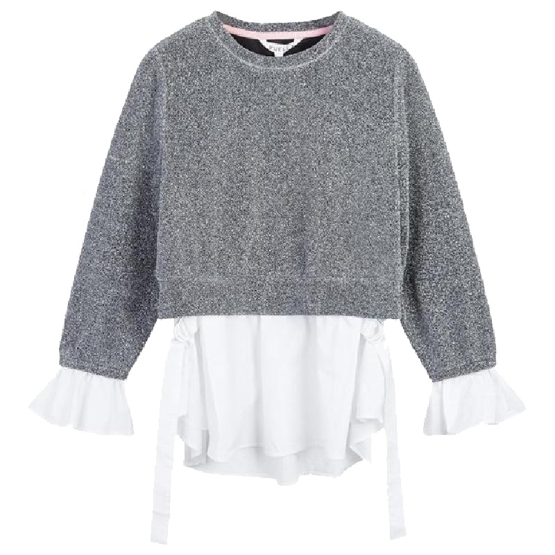 【热卖】假两件套头卫衣女2018春装新款韩版时尚圆领荷叶袖长袖拼接上衣潮20011350