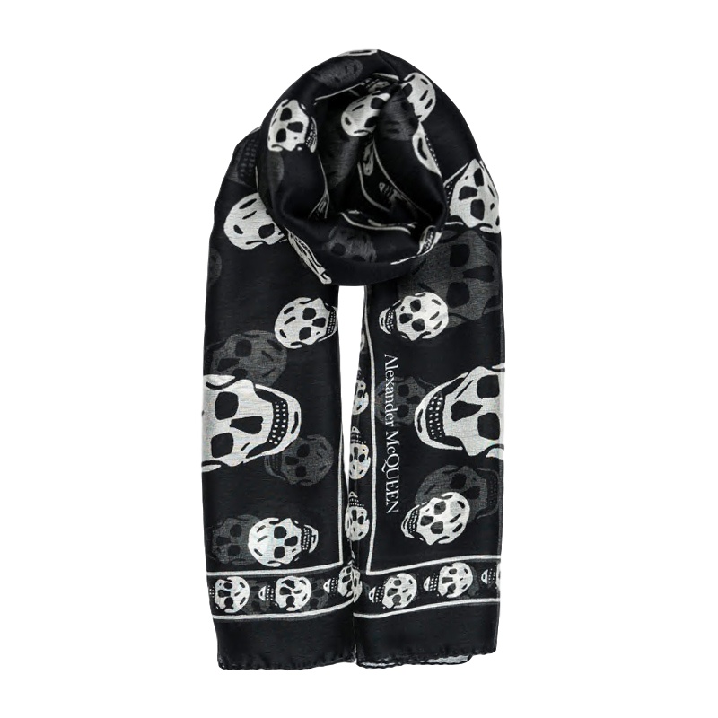 亚历山大.麦昆,Alexander McQueen丝巾 女士黑色骷髅头印花围巾557717-3052Q-1078