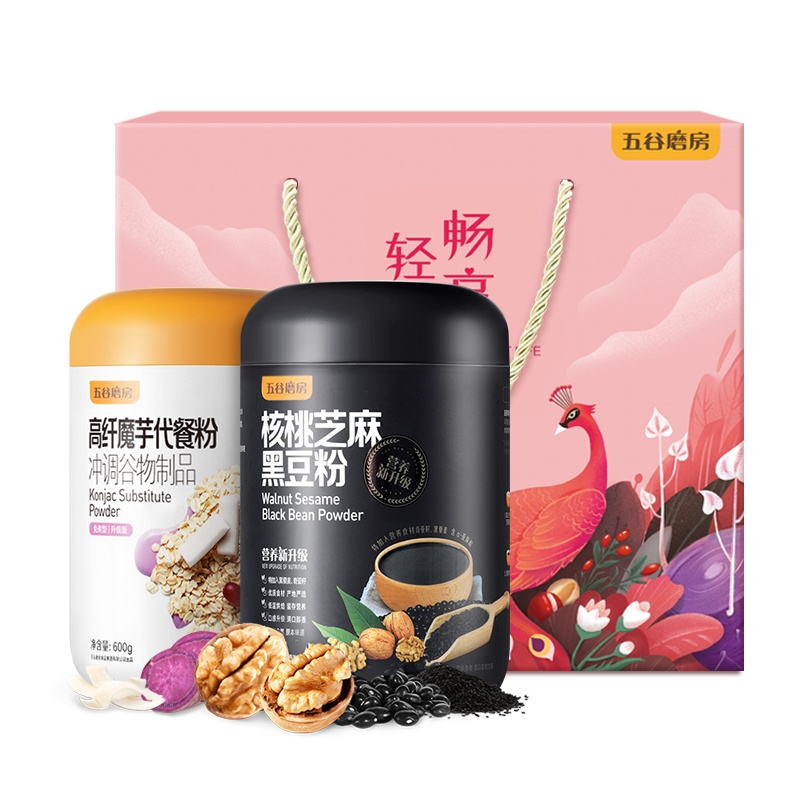 五谷磨房 轻生活礼盒（核桃芝麻黑豆粉600g+魔芋代餐粉600g+手绘精致礼盒）
