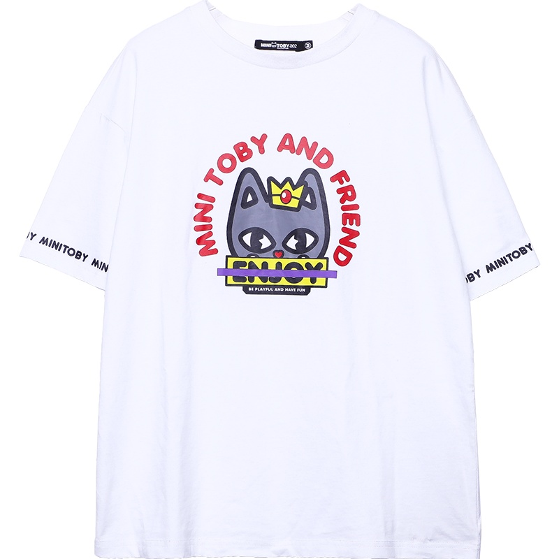 a02新款2020萌趣小黑印花收下摆喇叭袖宽松T恤女DTU1B0181KT