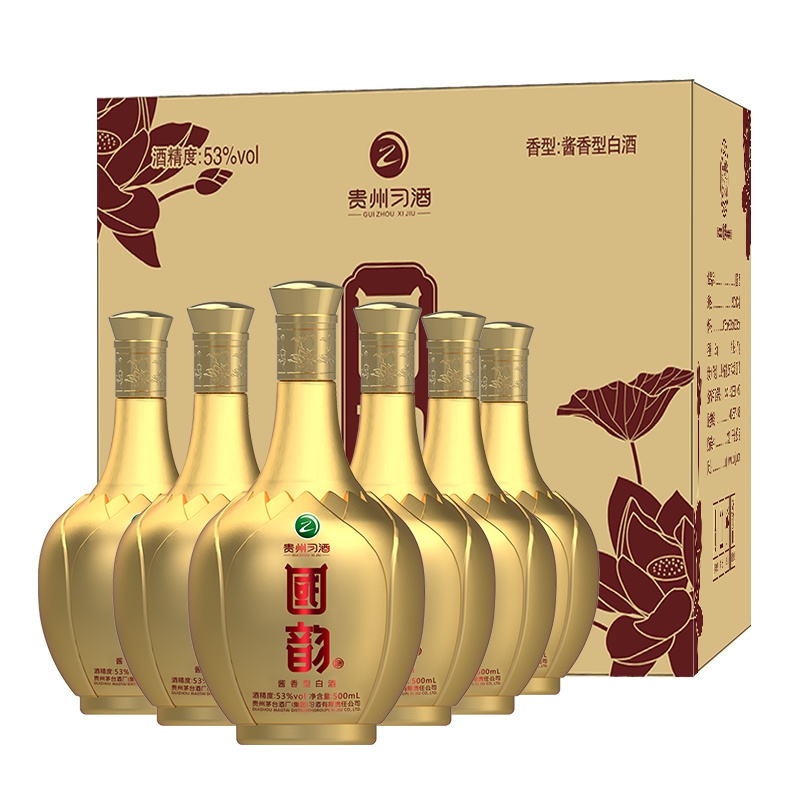 贵州茅台集团习酒国韵酱香型白酒53度习酒国韵黄金荷花单瓶装500ml(每2瓶配礼品袋一个)