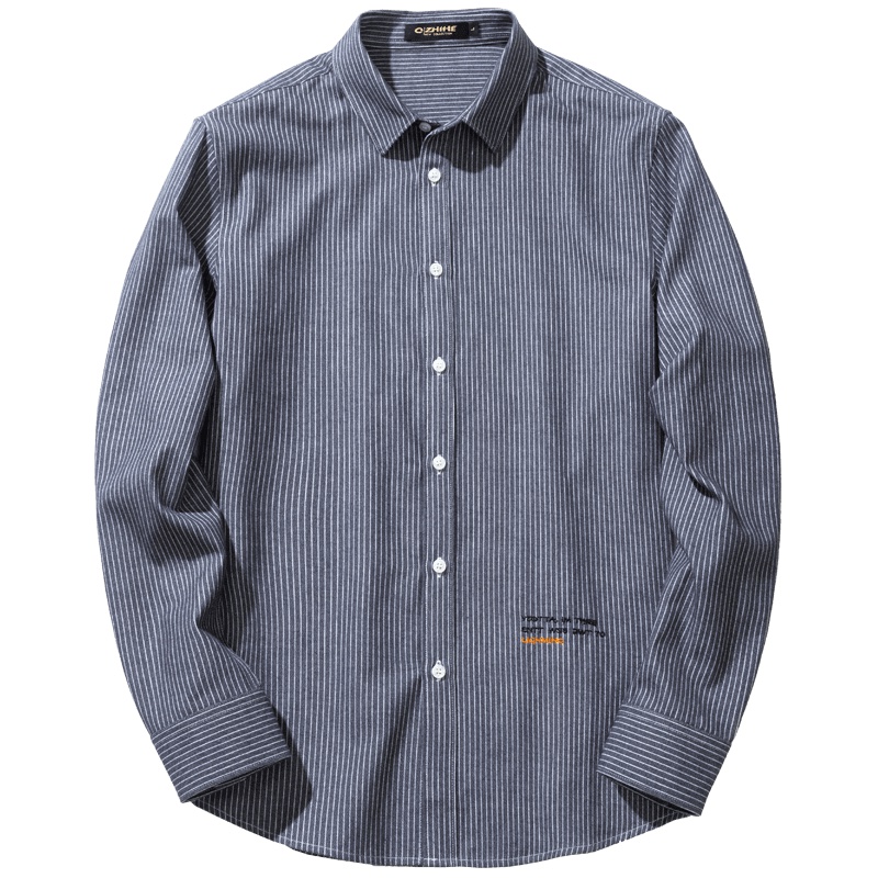 千纸鹤印花修身衬衫男2019春秋青年男士纯棉条纹休闲长袖寸衣10130