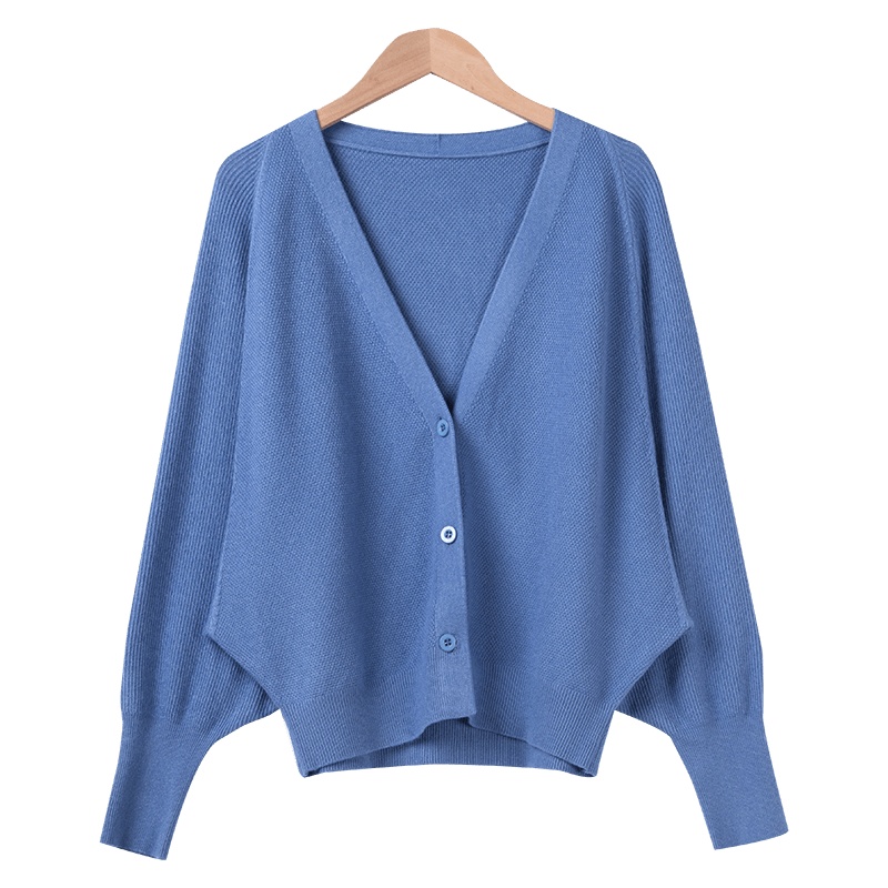 晚白2019秋季新品纯色V领蝙蝠袖单排扣宽松长袖针织衫单排扣外套女