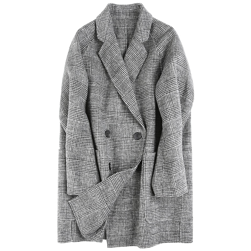 高梵（GOLDFARM）冬季格子复古毛呢外套女中长款格纹羊毛双面呢大衣