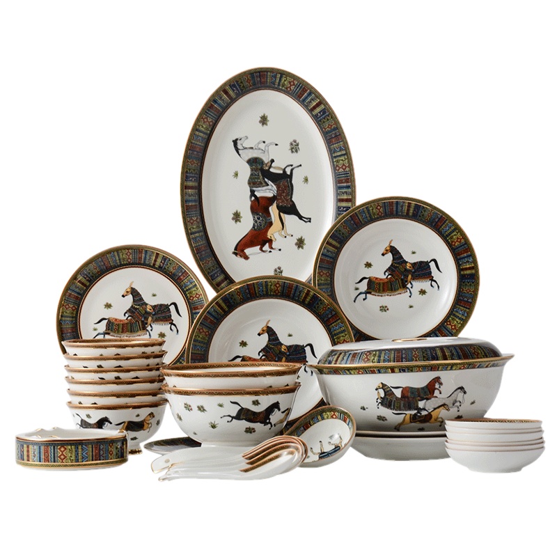 米兰度(Milandu)中式创意高档骨质瓷餐具套装碗碟盘勺日用乔迁送礼礼盒装 华彩金鞍30头餐具套装