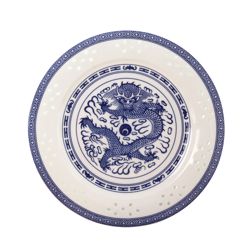 LICHEN 景德镇陶瓷大平盘浅菜盘牛排西餐盘碟子青花玲珑瓷器釉中彩中式方胜纹龙纹餐具10英寸 优品
