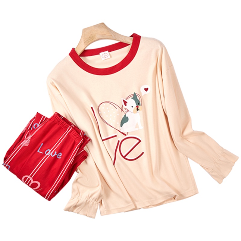 ENK圆领套头长袖可外穿英文印花睡衣睡裤保暖套装女士家居服