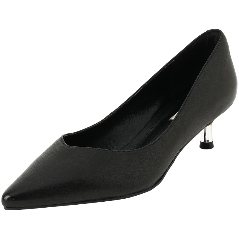 百田森新款中跟单鞋女黑色职业尖头猫跟工作鞋细跟高跟鞋