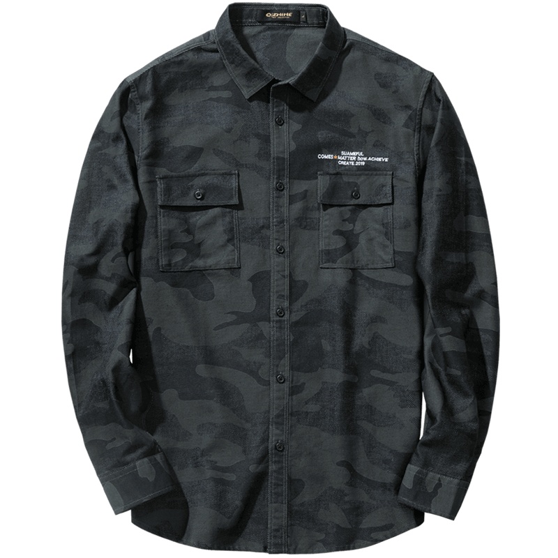 千纸鹤男装2019秋装新款迷彩长袖衬衫男青年个性帅气衣服潮10160