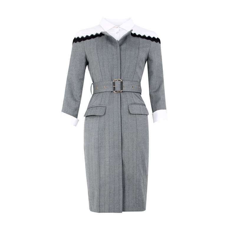 晚白2019秋季新品气质POLO领蕾丝边收腰显瘦中长款职业衬衫连衣裙女