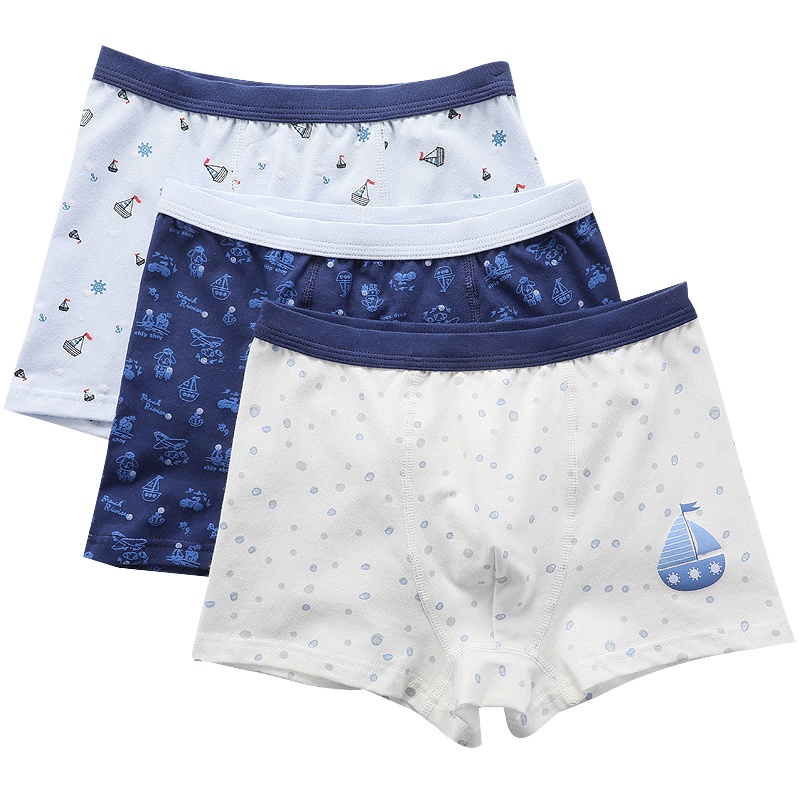 红豆居家新款A类男童内裤中大童印花棉质舒适透气儿童平角内裤（三条装）