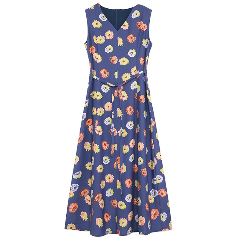 鄂尔多斯1980 春夏欢悦系列轻薄含丝V领无袖系带收腰印花连衣裙女