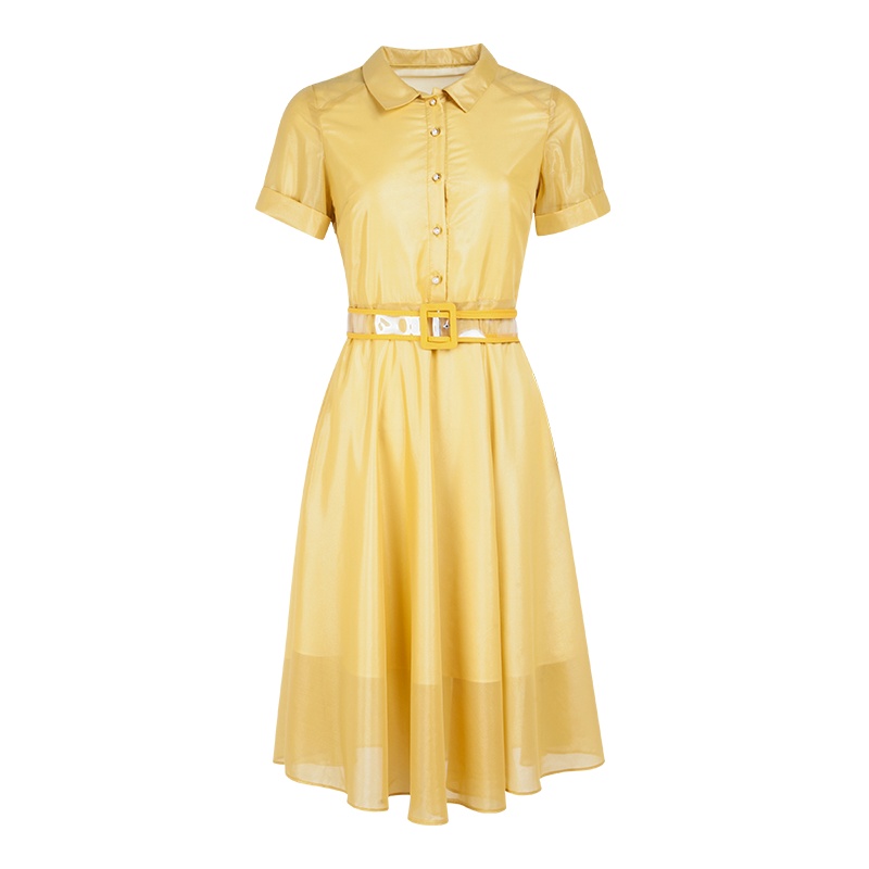 晩白 新品纯色翻领收腰显瘦中长款A字短袖衬衫连衣裙