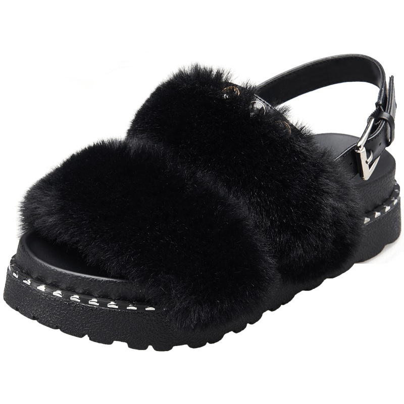 康奈女鞋 凉鞋新款一字扣带时尚百搭女士凉鞋潮流金属装饰圆头通勤女鞋毛毛鞋1276021