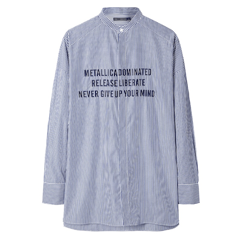 太平鸟男装2018春季新款白蓝条纹立领刺绣宽松长袖衬衫_432_9637001