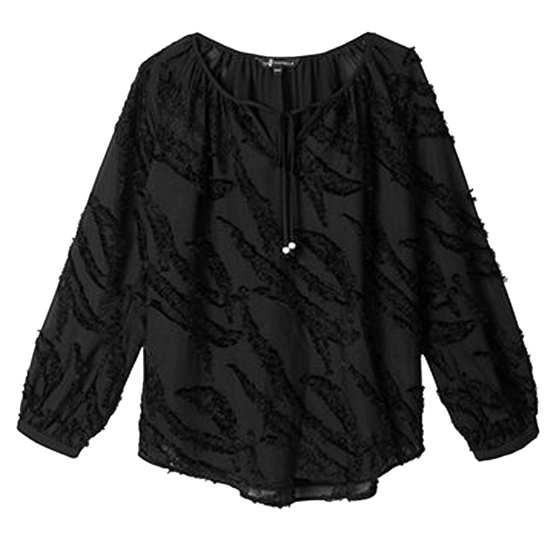 拉夏贝尔纯色洋气雪纺衬衫上衣春季款女装系带设计长袖衬衣潮10018368