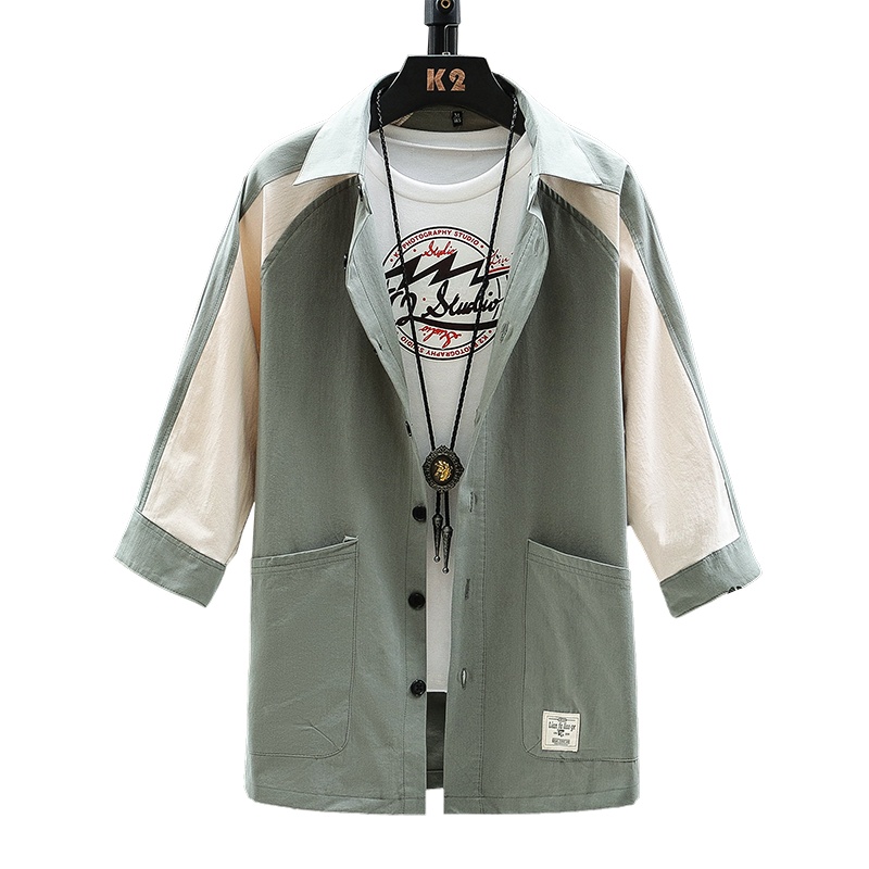 卡帝乐鳄鱼(CARTELO)夏季新款男士七分袖翻领休闲口袋拼色衬衫