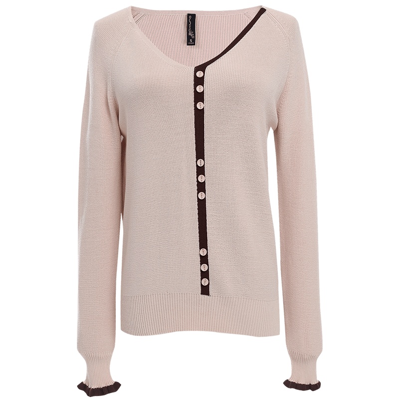 欧昵雪撞色v领套头显瘦针织衫女木耳边长袖打底毛衣