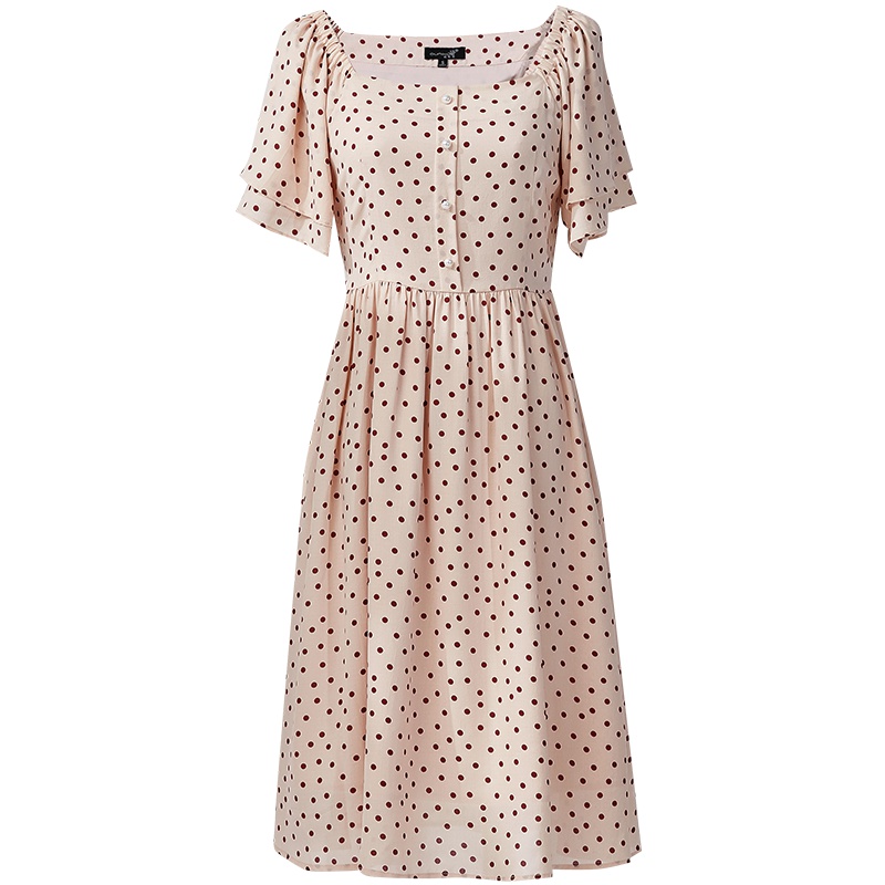 欧昵雪夏季韩版气质花瓣袖短袖高腰方领波点连衣裙女中裙