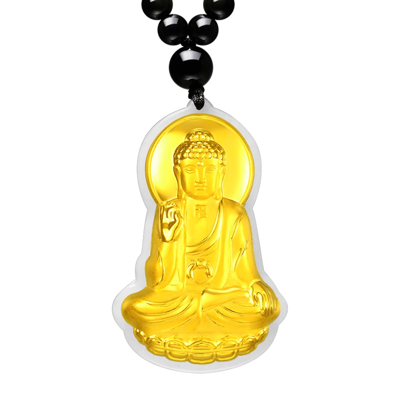 蒂蔻 如来佛 祖金镶玉黄金吊坠项链男女款足金和田玉镶嵌黑玛瑙套链宝宝小孩适戴本命年礼物