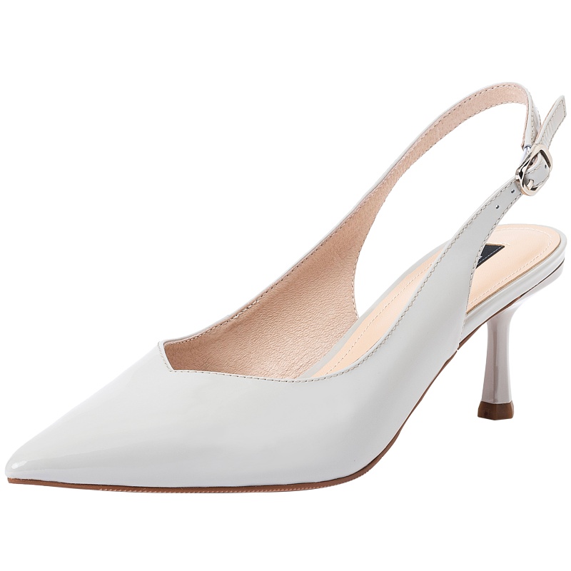 百田森夏季新款包头凉鞋女细跟尖头牛漆皮一字带高跟凉鞋女