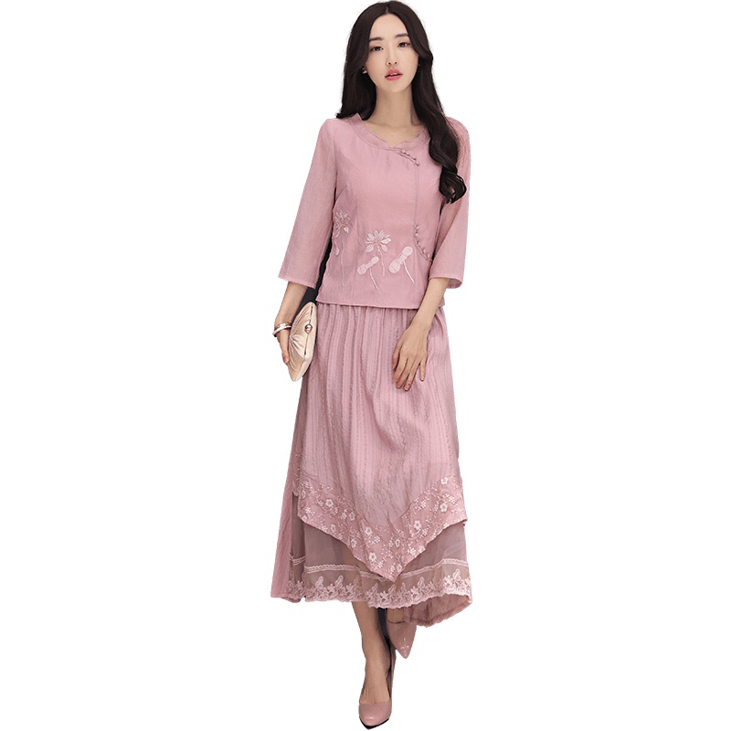 丝柏舍2019女装秋装圆领七分袖绣花纯色套头雪纺衫S81R0428S