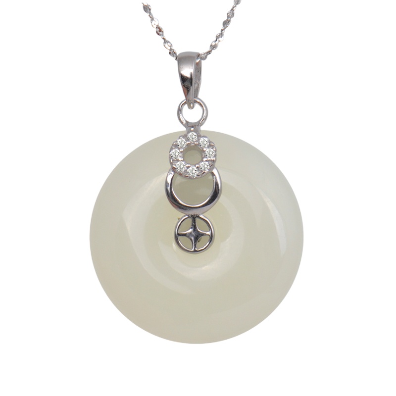 梦克拉 Mkela S925银镶嵌和田白玉吊坠 康乐富贵 和田玉 白底种 玉石吊坠 通用