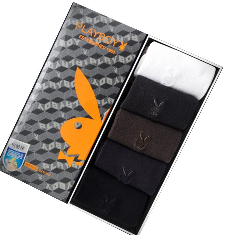 花花公子袜子男士中筒袜精纯色梳棉抗菌薄款商务休闲西装袜透气袜子2276-5双礼盒装