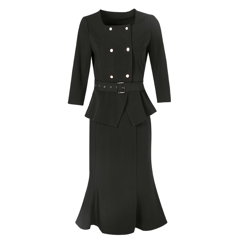 晚白2020春新品两件套纯色方领上衣修身高腰纯色包臀裙时尚套装女