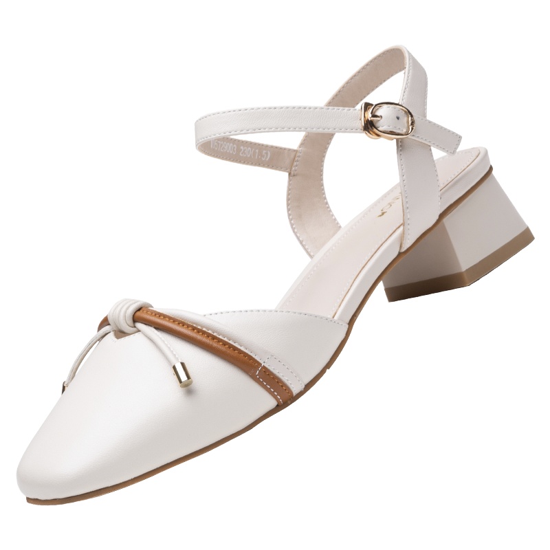 奥康女鞋时装半包头中跟羊皮仙女一字扣带后空凉鞋单鞋女