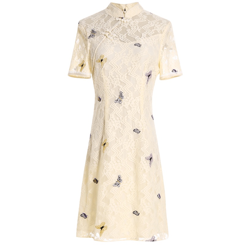 欧昵雪夏季立领中国风改良版旗袍绣花蕾丝连衣裙女a字裙