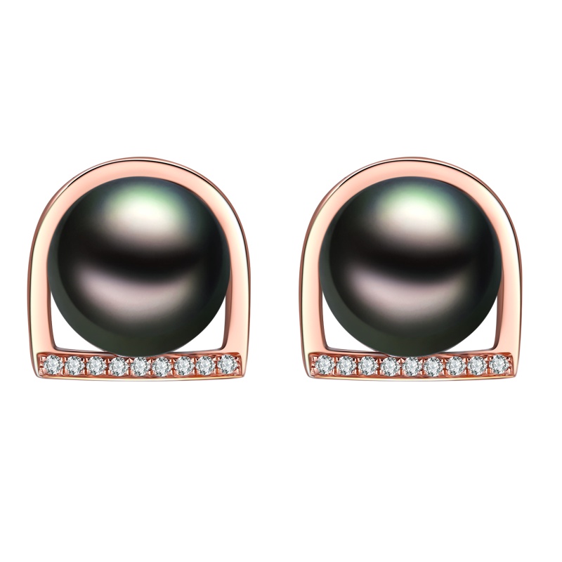 brir佰色传情正圆8-9mm时尚大溪地黑珍珠耳饰耳钉耳环女18K金钻石正品女