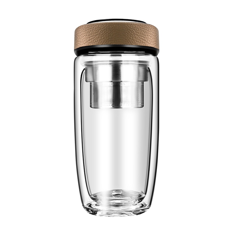 天喜 TIANXI 双层玻璃杯 男士创意茶杯 过滤凉水杯 茶水分离玻璃杯子 皮纹卡其380ml