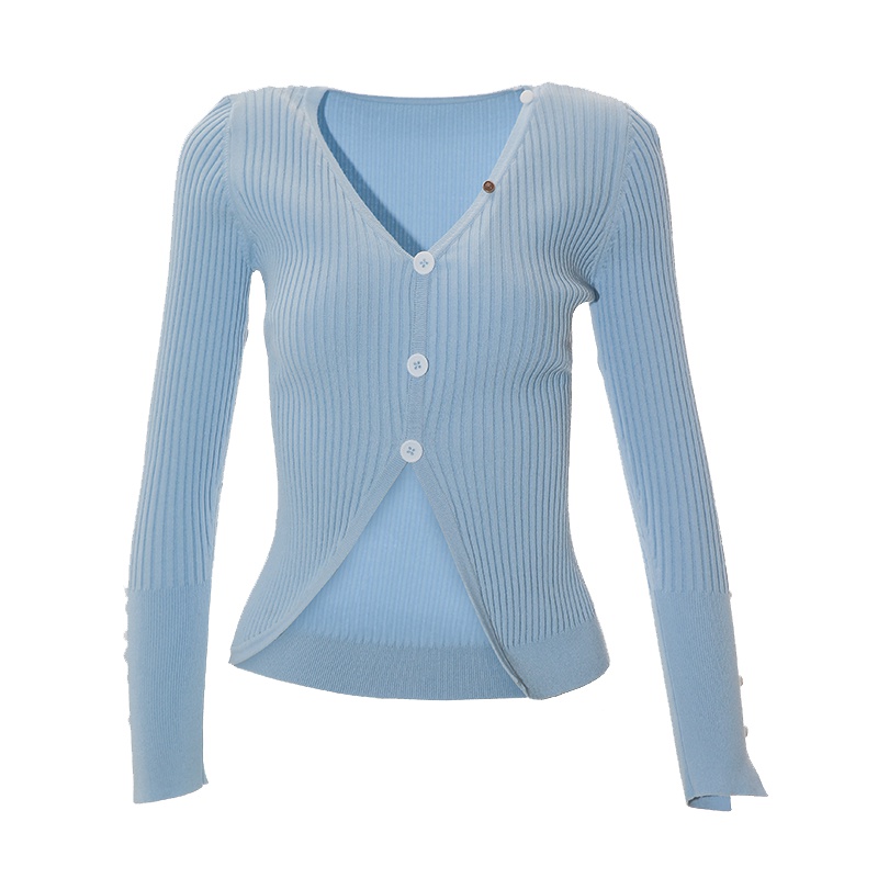 冰丝针织衫女减龄蓝色大V领竖坑条弹力修身长袖针织套头