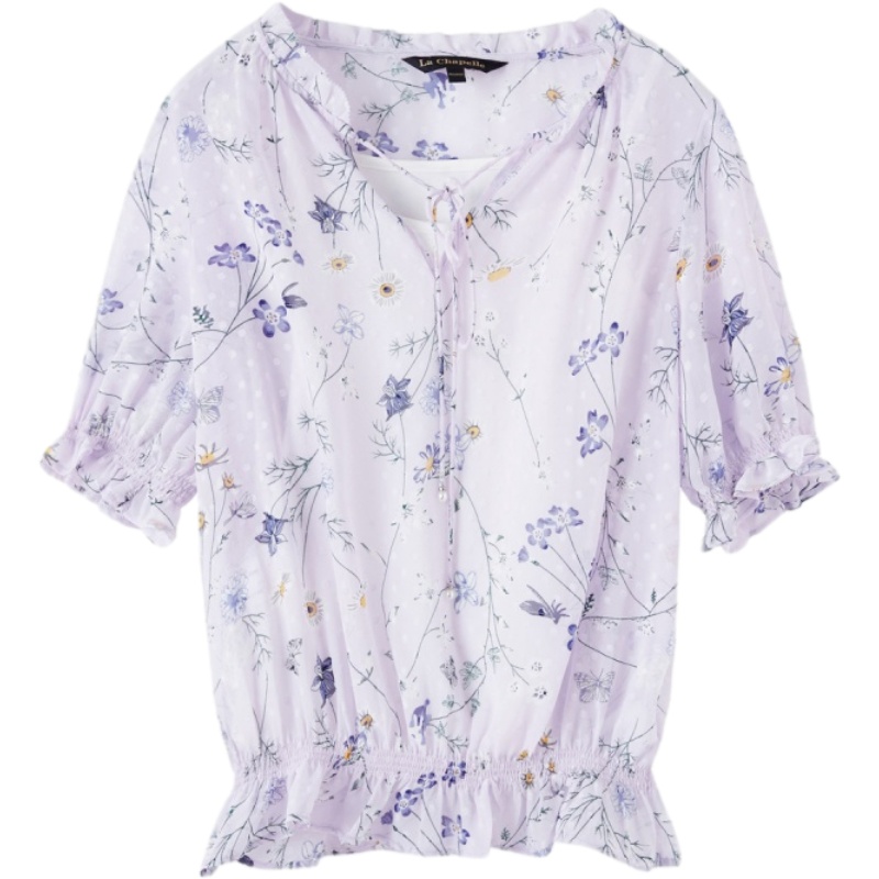 拉夏贝尔很仙上衣洋气短袖新款夏时尚小心机碎花雪纺衫女