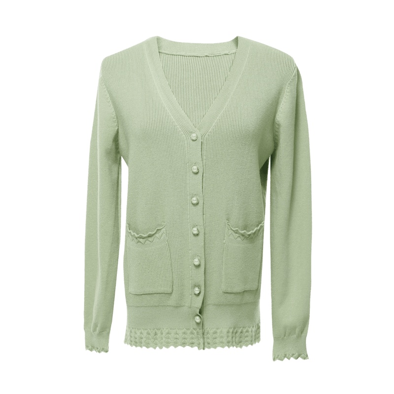 欧昵雪V领宽松长袖波浪型下摆针织开衫外套女毛衣